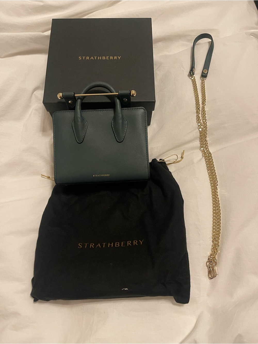 Strathberry Nano Tote Bag in Dark Green with Gold Hardware